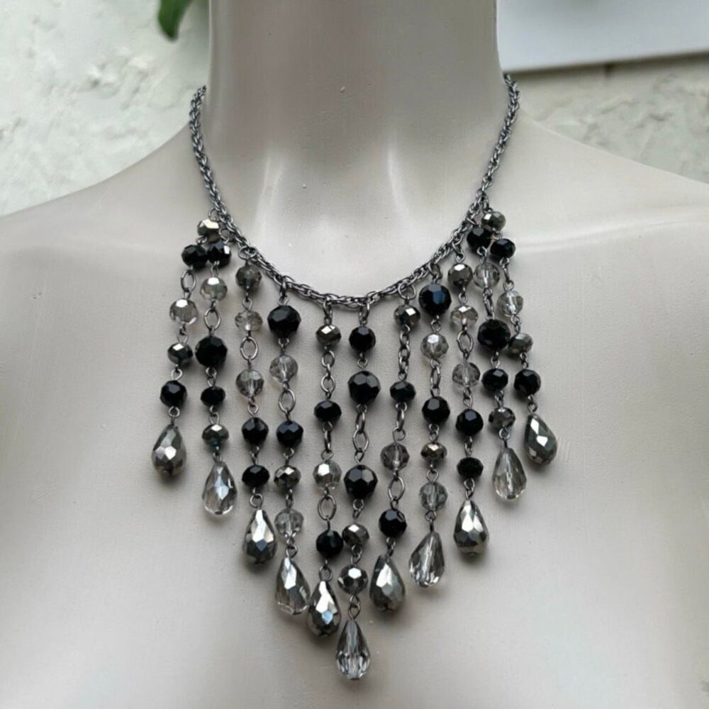 Fringe Rhinestone Choker Statement Necklace Black & Silver Crystals Silver Chain